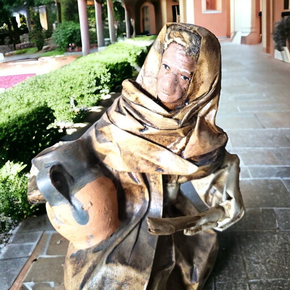 Paper Mache Mexican Folk Art - Peasant Woman Seated Holding Clay Pot - Picture 6 of 6